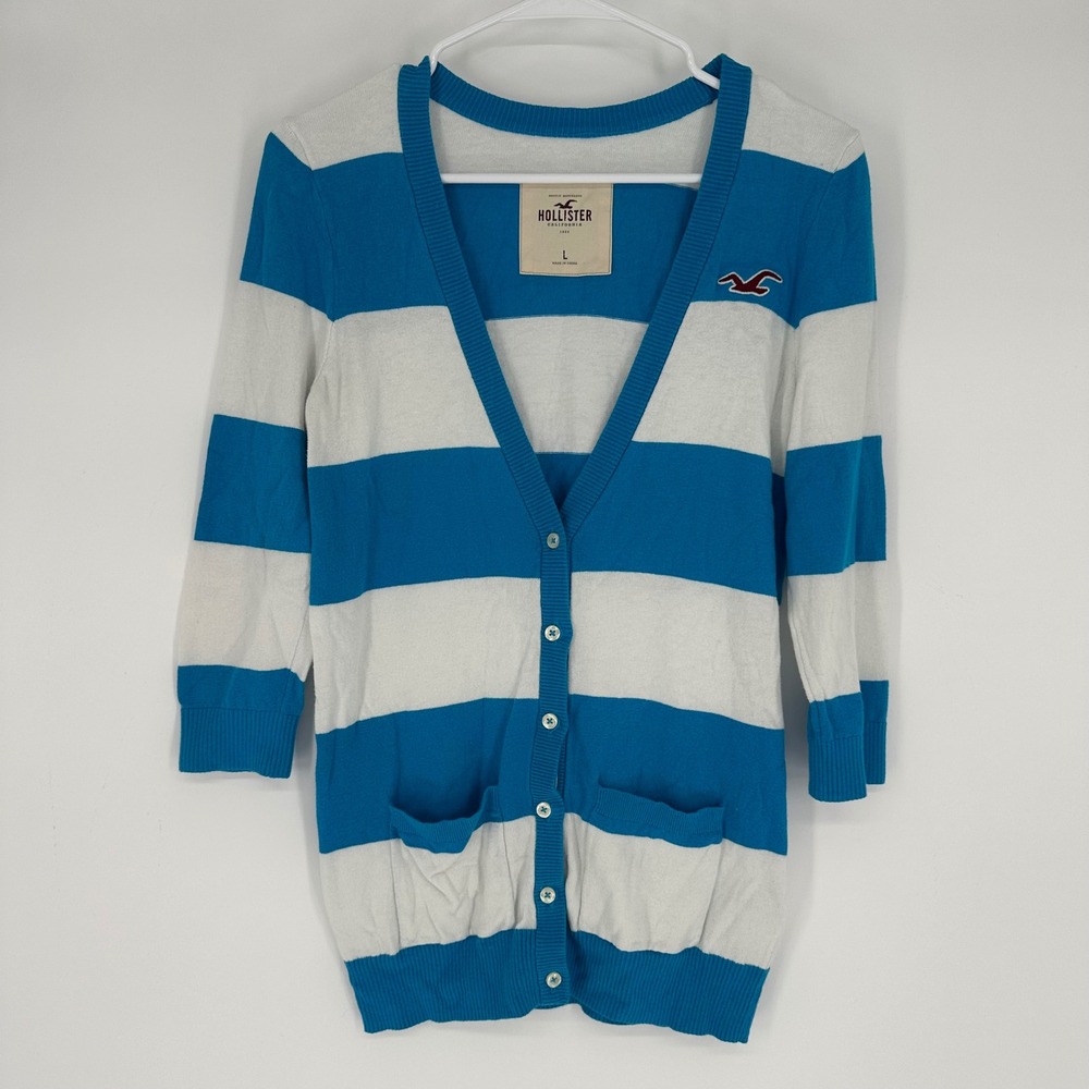 Vintage Y2K Hollister Blue White Striped Bella Swan Sweater V-Neck 3/4 Sleeve L
